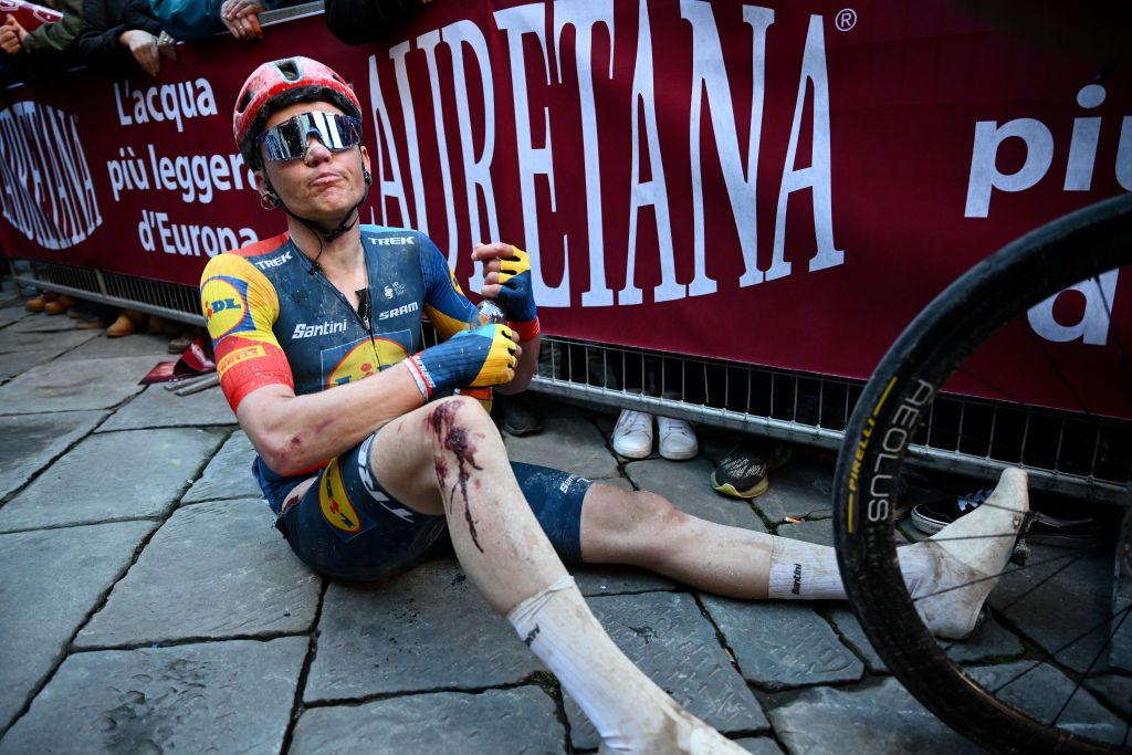 Toms Skujins, Team Lidl-Trek, reacts after finishing second, the 18th one-day classic &#039;Strade Bianche&#039; (White Roads) cycling race between Siena and Siena, Tuscany, on March 2, 2024. (Photo by Marco BERTORELLO / AFP)