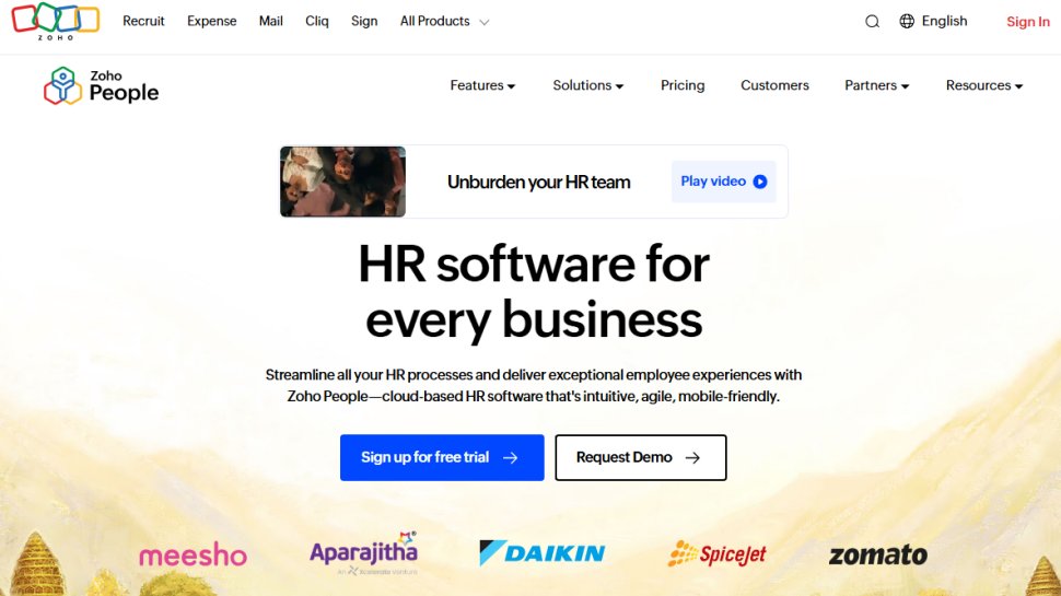 Website screenshot of Zoho People (February, 2026)