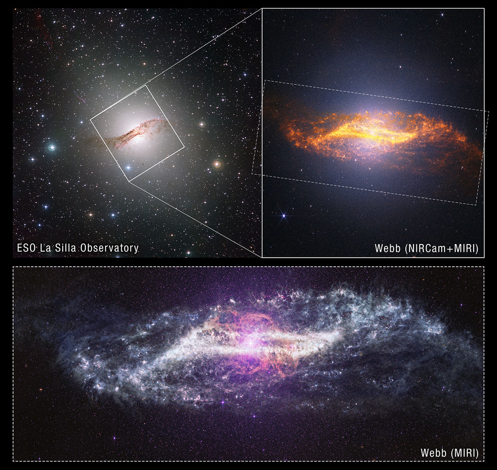 Mapa que mostra a galáxia numa imagem do MIRI do JWST, uma do NIRCam e do MIRI do JWST combinados, e uma do Observatório de La Silla do ESO.
