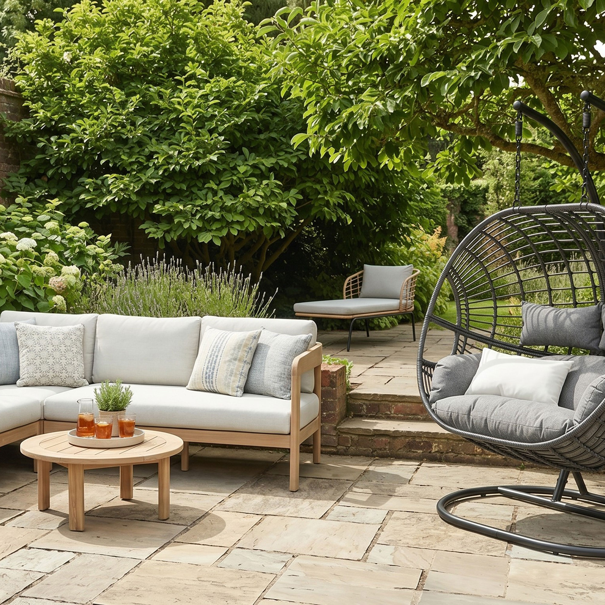 Outdoor sofa and egg chair on patio in garden
