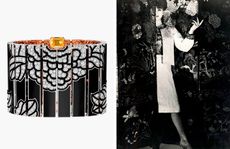 Left image: Chanel bracelet jewellery piece. Right: black and white image of finely dressed woman, stepping sideways out of a floral divider screen