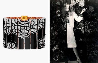 Left image: Chanel bracelet jewellery piece. Right: black and white image of finely dressed woman, stepping sideways out of a floral divider screen