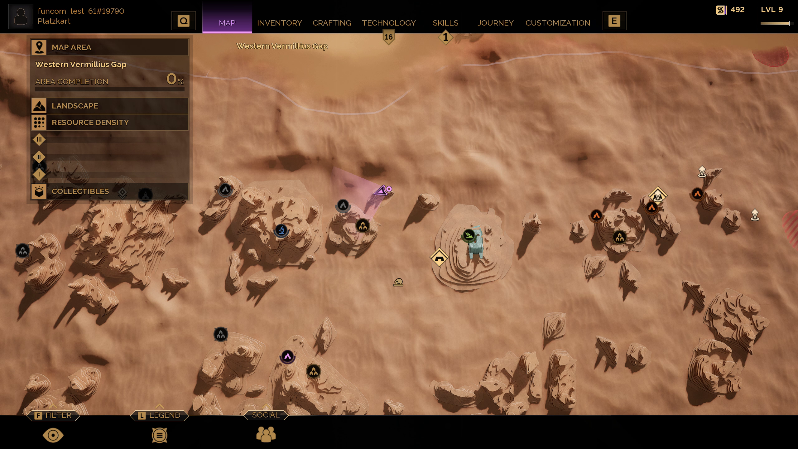 The game map: a desert pockmarked with icons indicating caves and dungeons.