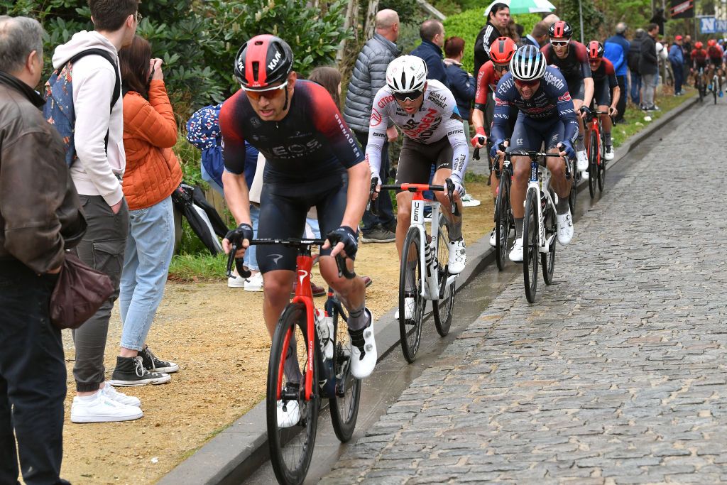 OVERIJSE BELGIUM APRIL 13 LR Magnus Sheffield of United States and Team INEOS Grenadiers Benoit Cosnefroy of France and AG2R Citren Team and Robert Stannard of Australia and Team AlpecinFenix compete in the breakaway during the 62nd De Brabantse Pijl La Flche Brabanonne 2022 Mens Elite a 2051km one day race from Leuven to Overijse BP22 on April 13 2022 in Overijse Belgium Photo by Luc ClaessenGetty Images