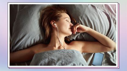 Close up of a young lady resting while listening to music or audio porn