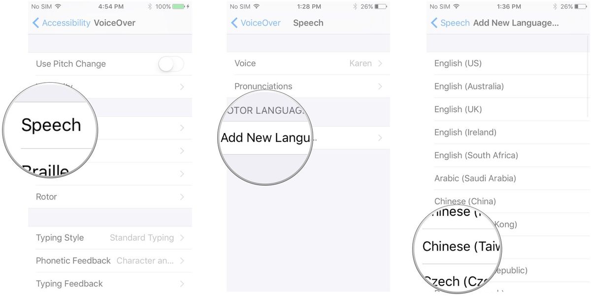Tap Speech, tap Add New Language..., tap the language you want to add