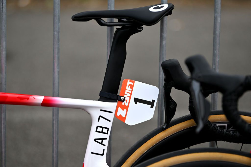 DENAIN FRANCE APRIL 06 BIB number detail view of Alison Jackson of Canada and Team EF EducationCannondale prior to the 4th ParisRoubaix Femmes 2024 a 1485km one day race from Denain to Roubaix on UCIWWT April 06 2024 in Denain France Photo by Luc ClaessenGetty Images