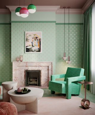 A living room with mint green walls, a marble fireplace, a bright green sculptural chair, and a white carpet