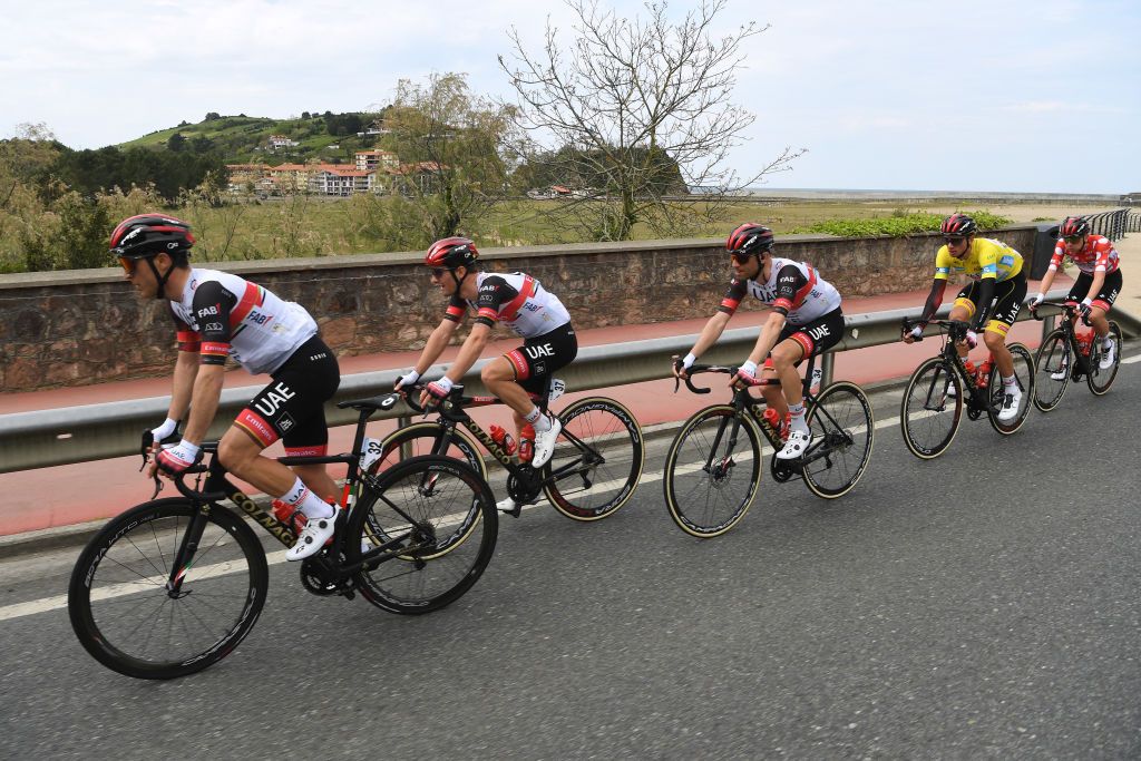 ONDARROA SPAIN APRIL 09 Valerio Conti of Italy Jan Polanc of Slovenia Diego Ulissi of Italy Brandon Mcnulty of United States and UAE Team Emirates Yellow Leader Jersey Tadej Pogacar of Slovenia and UAE Team Emirates Polka Dot Mountain Jersey during the 60th ItzuliaVuelta Ciclista Pais Vasco 2021 Stage 5 a 1602km stage from Hondarribia to Ondarroa itzulia ehitzulia on April 09 2021 in Ondarroa Spain Photo by David RamosGetty Images