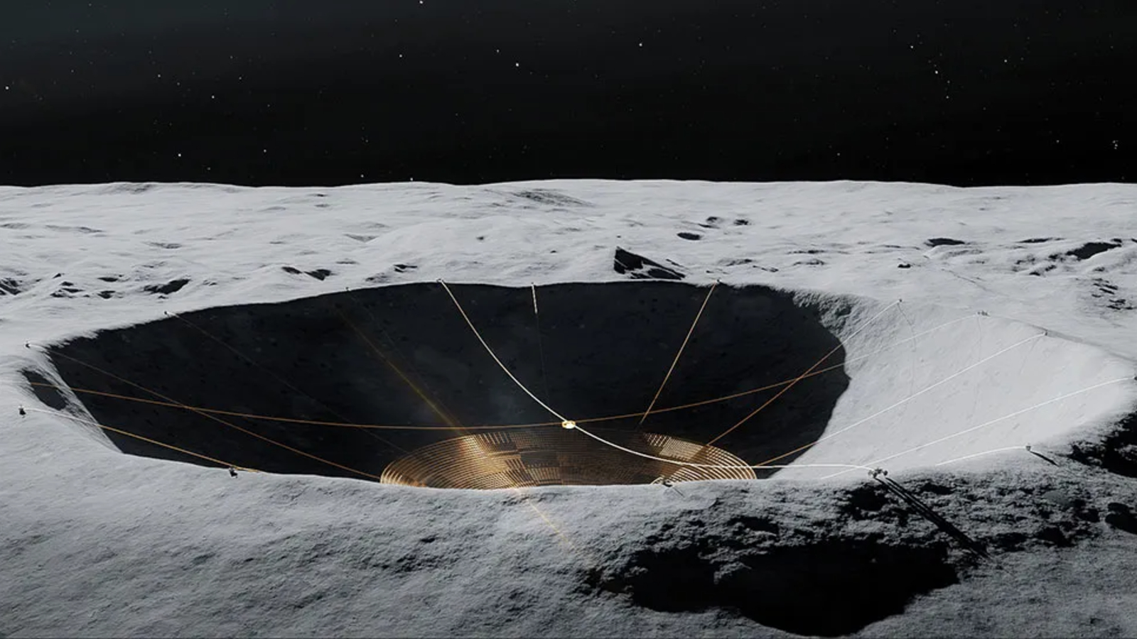 An artist's illustration of the LCRT showing a dish suspended within a large moon crater