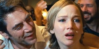 mother! Javier Bardem Jennifer Lawrence surrounded by a mad crowd