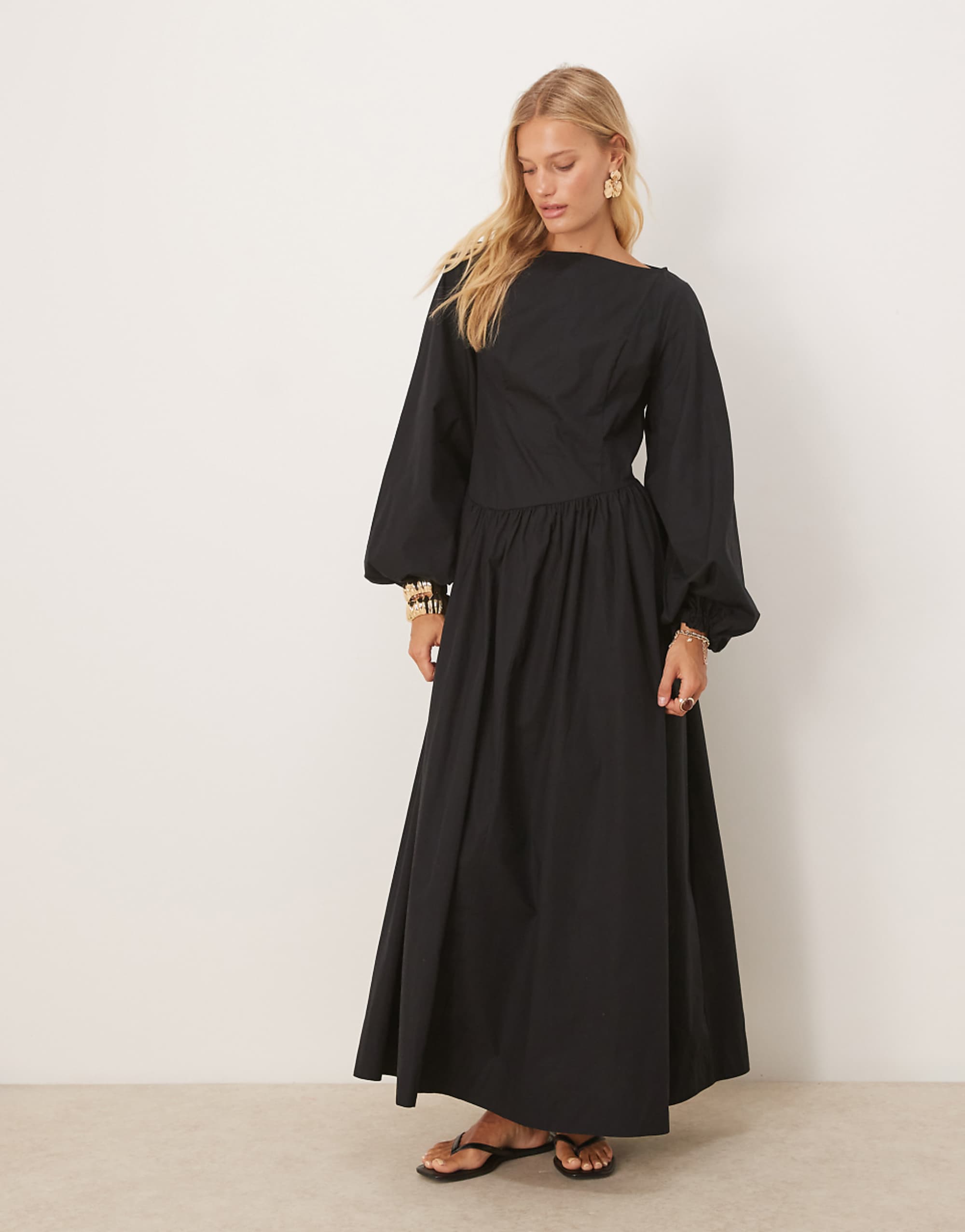 Asos Design Poplin Maxi Dress With Volume Sleeve in Black