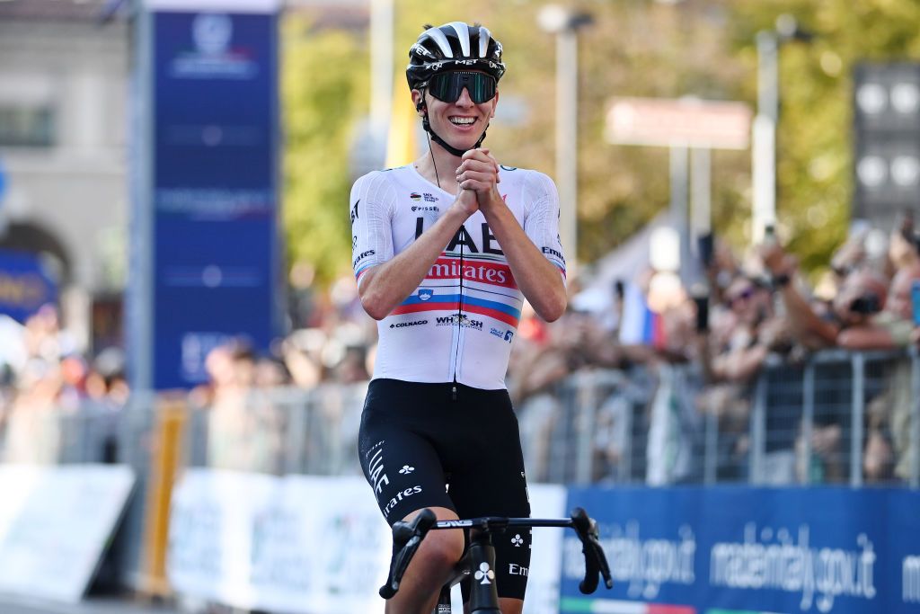Tadej Pogačar (UAE Team Emirates) celebrates at finish line as race winner during the 117th Il Lombardia 2023