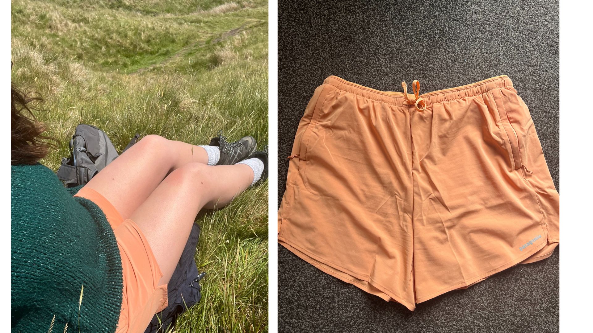 Susan Griffin wearing the hiking shorts for women from Patagonia, with shorts on grey carpet laid out