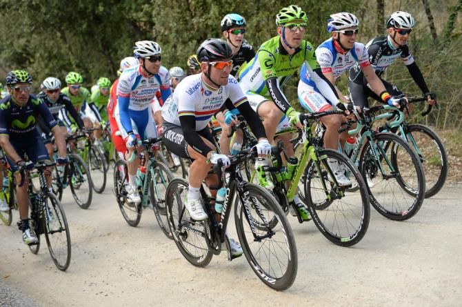 British champion Mark Cavendish (Omega Pharma-QuickStep) on the gravel roads at Strade Bianche