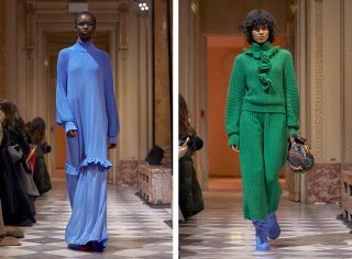 Left, model wears a blue ribbed knitted dress. Right, model wears a green knitted co-ord