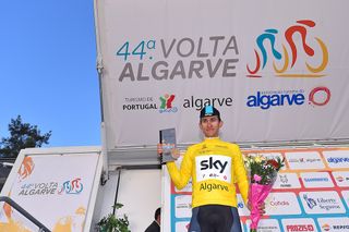 Michal Kwiatkowski on the final podium at Volta ao Algarve