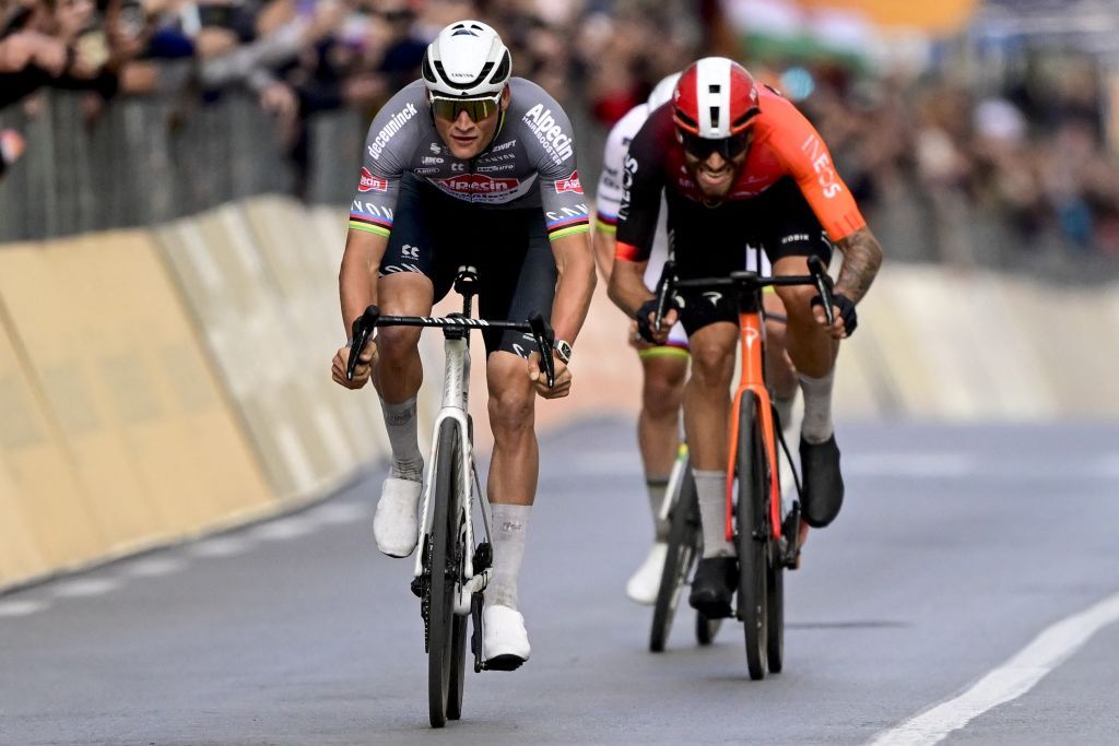 Dutch Mathieu van der Poel of Alpecin-Deceuninck, Italian Filippo Ganna of Ineos Grenadiers and Slovenian Tadej Pogacar of UAE Team Emirates pictured in action during the 'Milano-Sanremo' one day cycling race for men, 289km from Milan to Sanremo, Italy, Saturday 22 March 2025. BELGA PHOTO DIRK WAEM (Photo by DIRK WAEM / BELGA MAG / Belga via AFP)