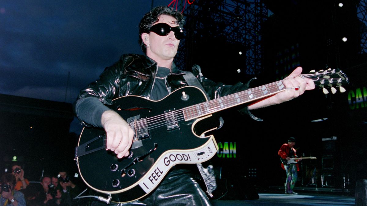 Bono and the Edge of U2 onstage during the ZOO TV tour in 1992