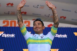 Caleb Ewan, riding for the Australian national team, claiming the sprint points jersey after stage 2 of the 2023 Tour Down Under