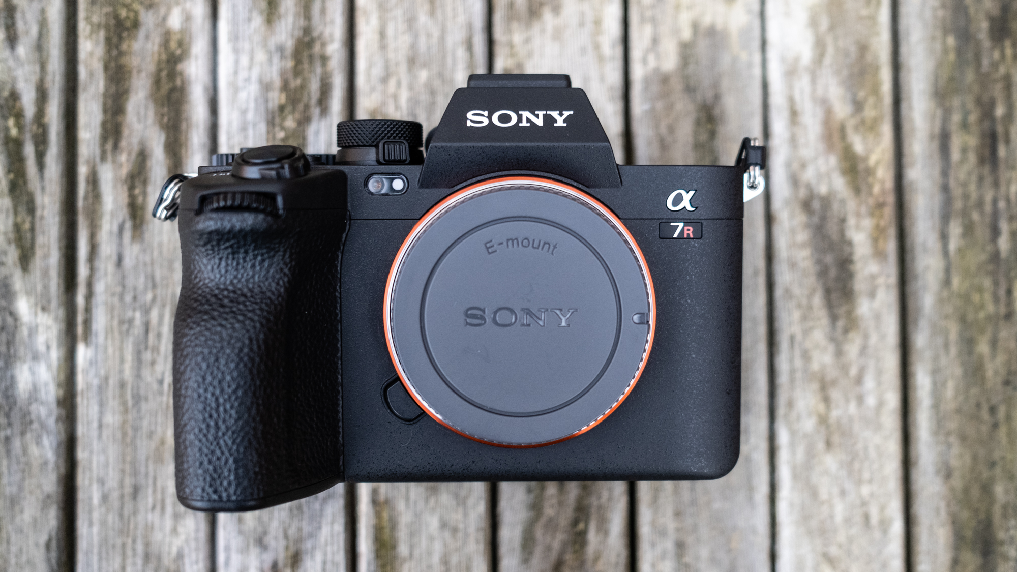 The Sony A7R V on a table straight on front