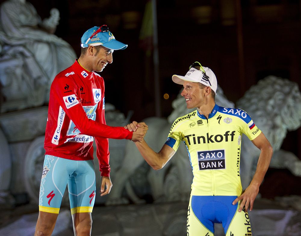 2015 Vuelta winner Fabio Aru congratulates Rafal Majka, third overall
