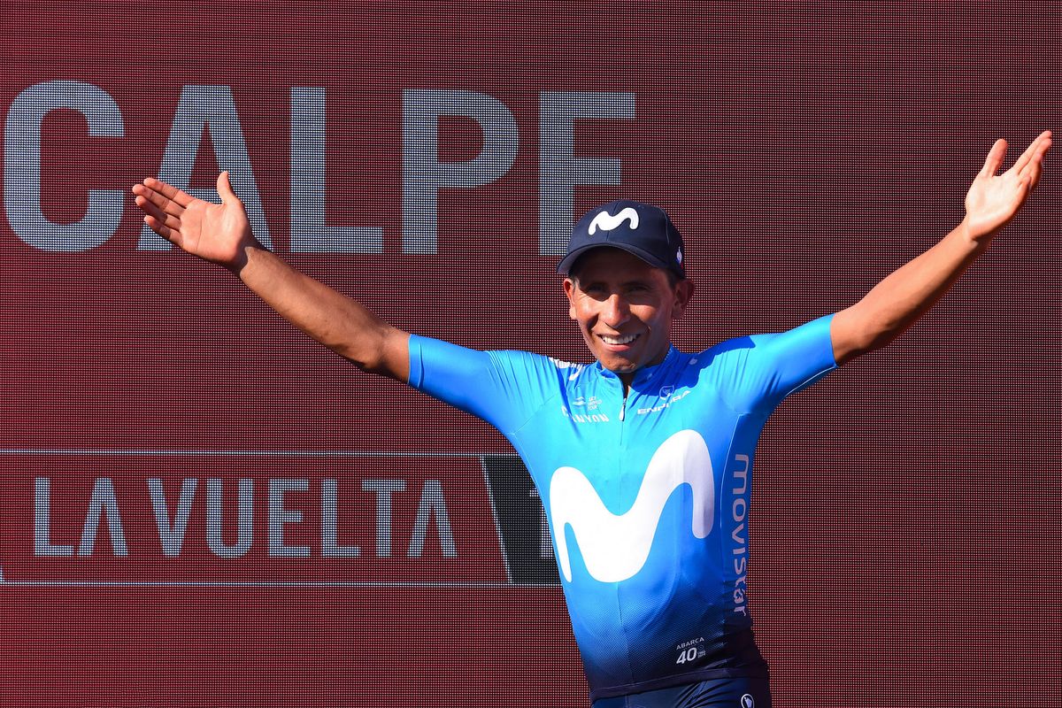 Nairo Quitana (Movistar) on the podium at the Vuelta a Espana