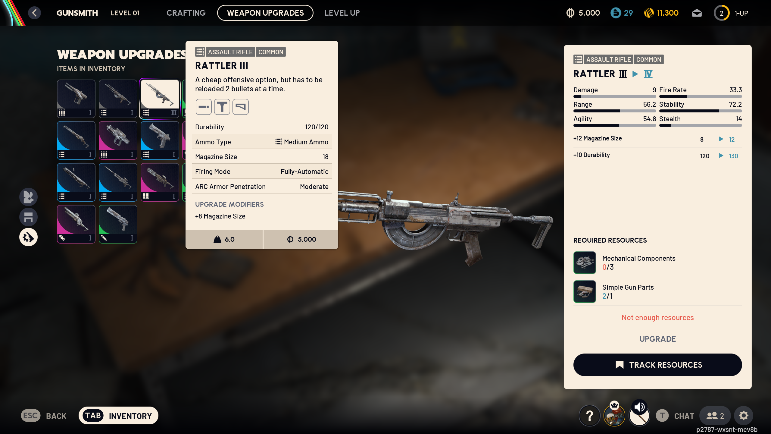 Arc Raiders gun upgrades: Upgrading the Rattler III to level IV in the gunsmith menu, showing what stats will be impacted.