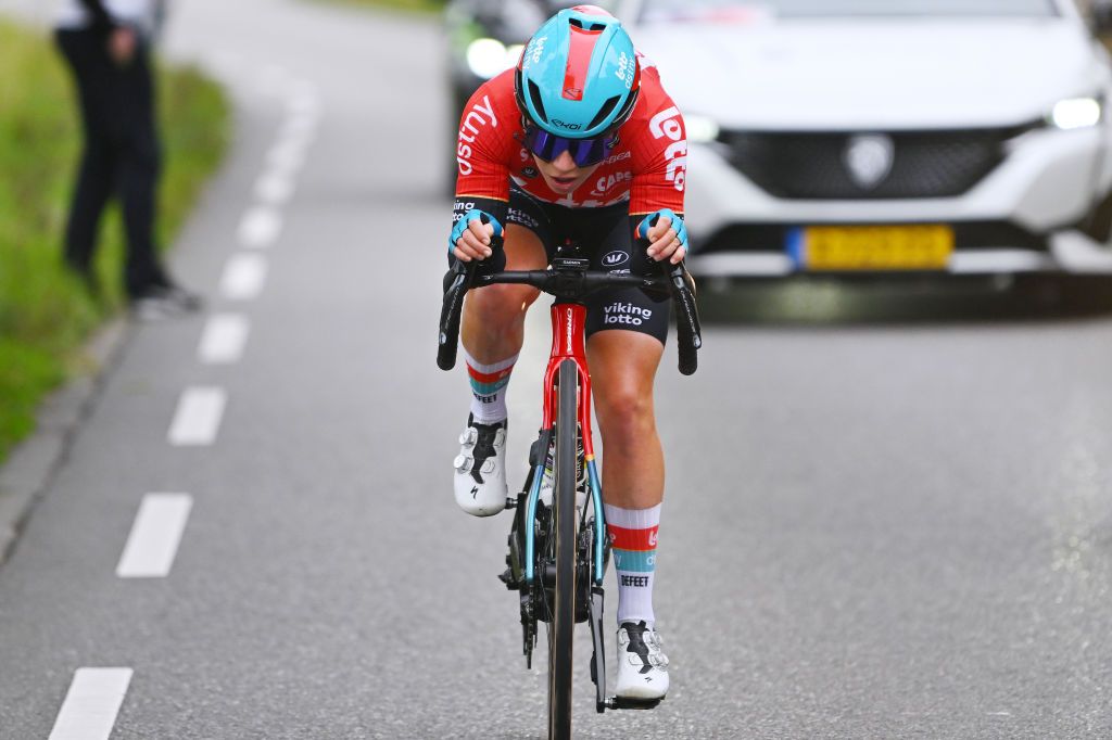 DOETINCHEM NETHERLANDS OCTOBER 12 Audrey De Keersmaeker of Belgium and Team Lotto Dstny Ladies competes in the breakaway during the 26th Simac Ladies Tour 2024 Stage 5 a 140km stage from Doetinchem to Doetinchem UCIWWT on October 12 2024 in Doetinchem Netherlands Photo by Luc ClaessenGetty Images