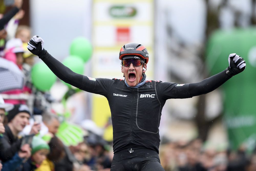 Stefan K&uuml;ng (BMC Racing) wins stage 2 at Tour de Romandie ahead of Astana's Andrey Grivko