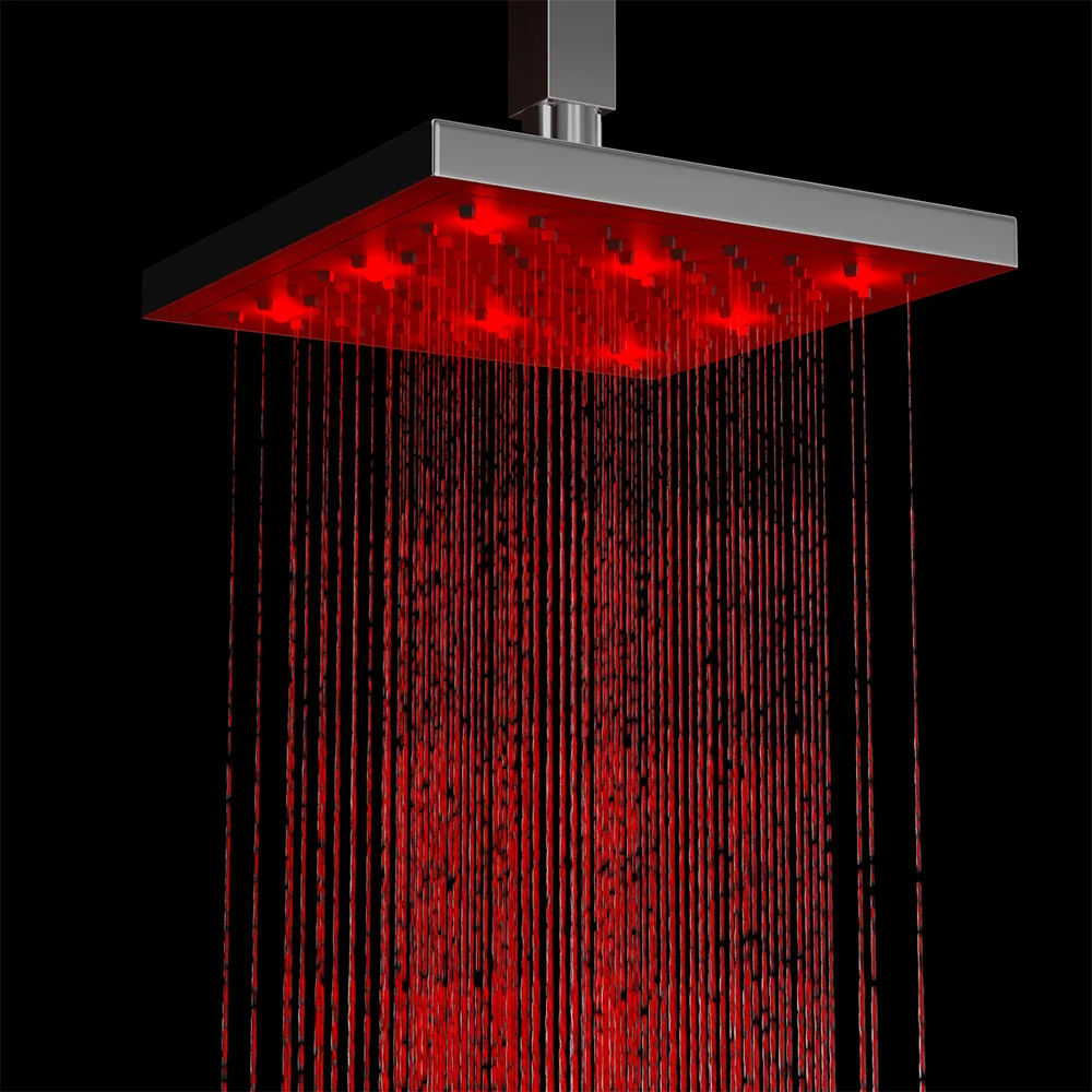 chrome square shower head with red lighting