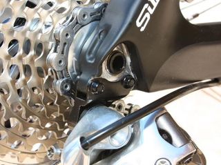 The thru-axle dropouts can also be swapped to standard 135x10mm if desired. Cannondale also says the sandwich-style replaceable rear derailleur hangers are far stiffer than simple cantilevered ones.