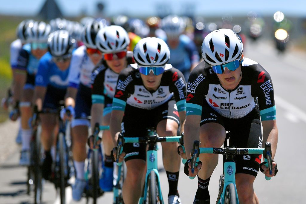 SARGENTES DE LA LORA SPAIN MAY 20 Ane Santesteban Gonzalez of Spain Grace Brown of Australia and Team BikeExchange leads The Peloton during the 6th Vuelta a Burgos Feminas 2021 Stage 1 a 100km stage from Villadiego to Sargentes de la Lora 1013m VueltaBurgos BurgosFem UCIWWT on May 20 2021 in Sargentes de la Lora Spain Photo by Luc ClaessenGetty Images