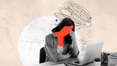 A black and white photo of a woman sat in front of a laptop with her hand grasping the bridge of her nose, her face obscured by a solid red silhouette to represent stress and quiet quitting. Above her, a drawing of a scribble with red and blue circles also represents stress and behind her, a stylized background of tan colour with a white circle can be seen.