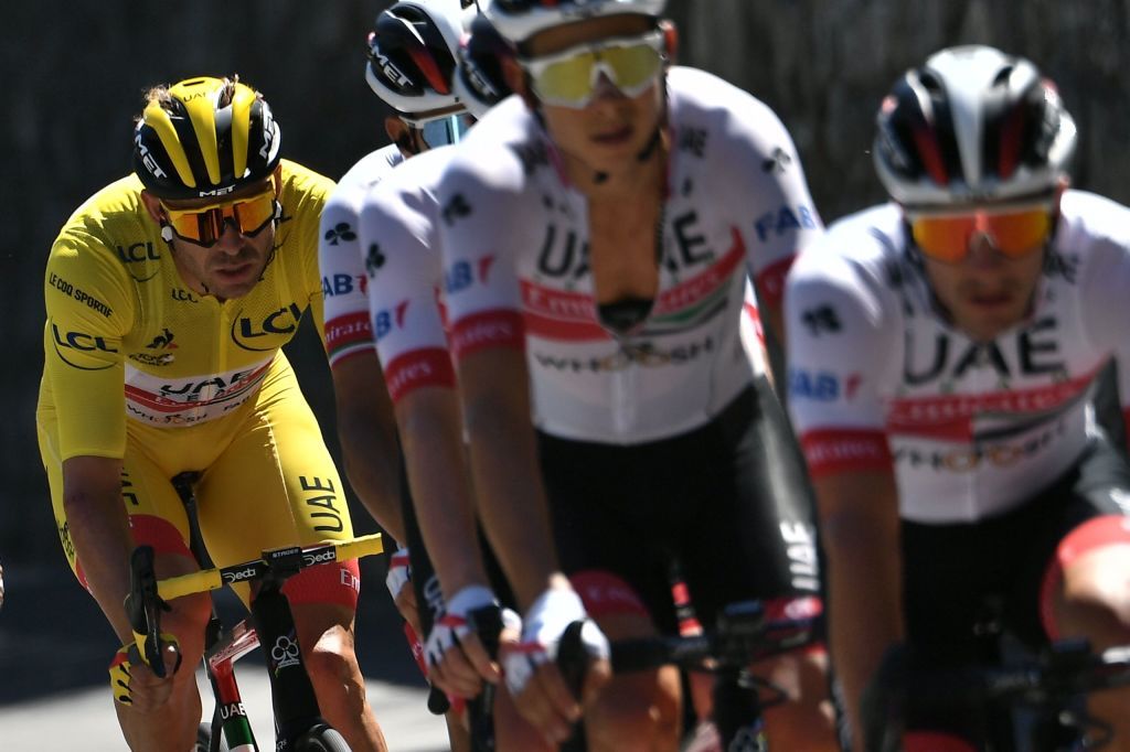 Team UAE Emirates rider Norways Alexander Kristoff wearing the overall leaders yellow jersey L rides during the 2nd stage of the 107th edition of the Tour de France cycling race 187 km between Nice and Nice on August 30 2020 Photo by Marco Bertorello AFP Photo by MARCO BERTORELLOAFP via Getty Images