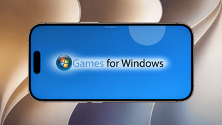 An iPhone in landscape orientation displaying the classic Games for Windows logo against a blue background.