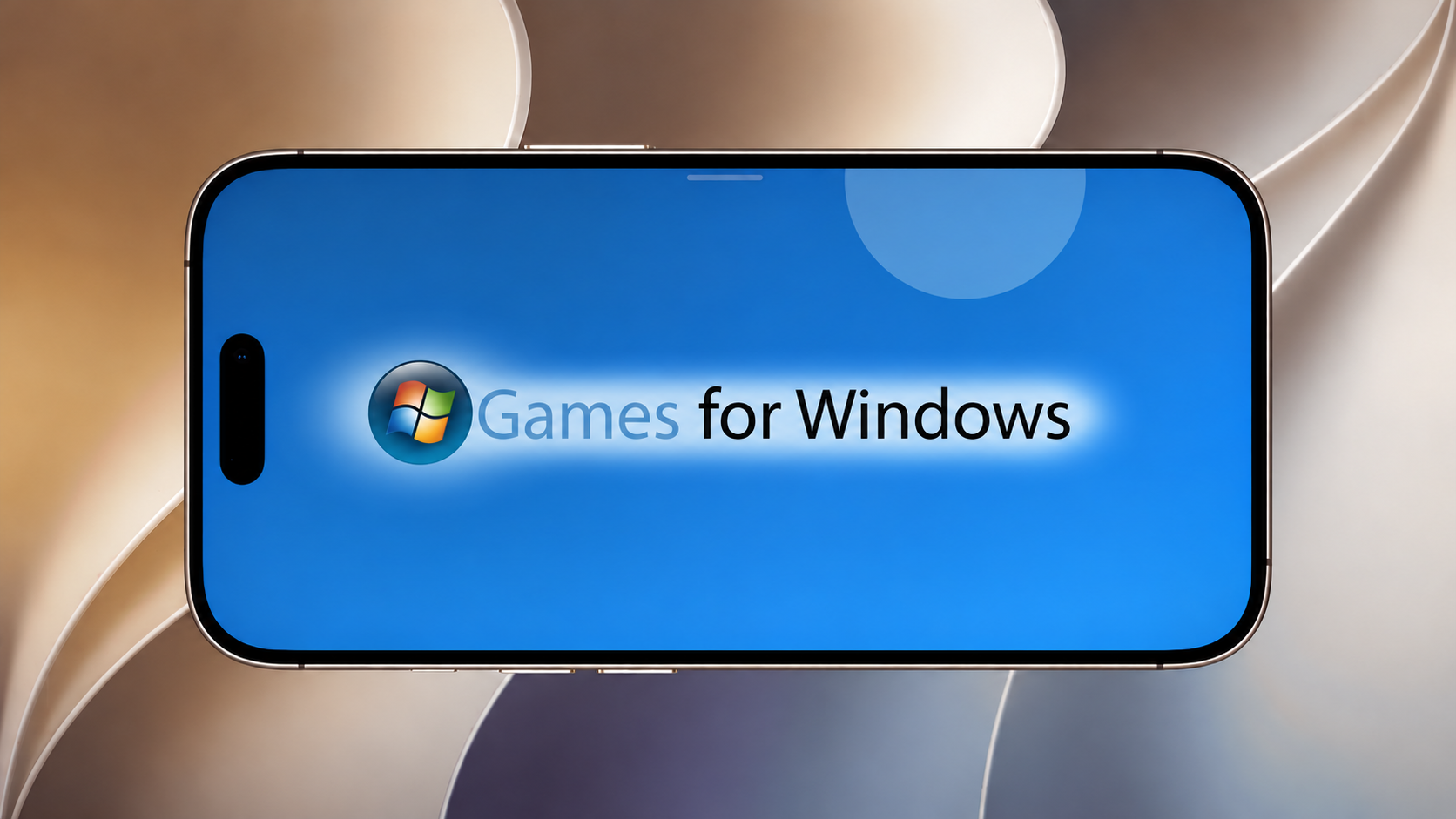 An iPhone in landscape orientation displaying the classic Games for Windows logo against a blue background.