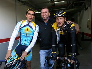 US cyclist Lance Armstrong R Spains Alberto Contador L and manager Johan Bruyneel of Astana Team pose before training on the Spanish Canary Island of Tenerife on December 5 2008 Seventime Tour de France winner Armstrong announced his comeback to cycling after a threeyear hiatus earlier this year Astana announced that the 37yearold Texan would race the Tour de France in 2009 having originally implied his focus would be on a maiden Tour of Italy instead AFP PHOTO Jaime REINA Photo credit should read JAIME REINAAFP via Getty Images