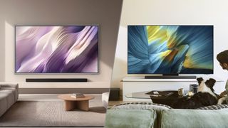 Two side-by-side images split down the middle: on the left is the Samsung S95H OLED in a wall-mounted position displaying a purple-colored, abstract image, on the right is the Samsung S95F OLED displaying an an abstract, blue-and-green-colored image from atop a credenza in a modern living room.