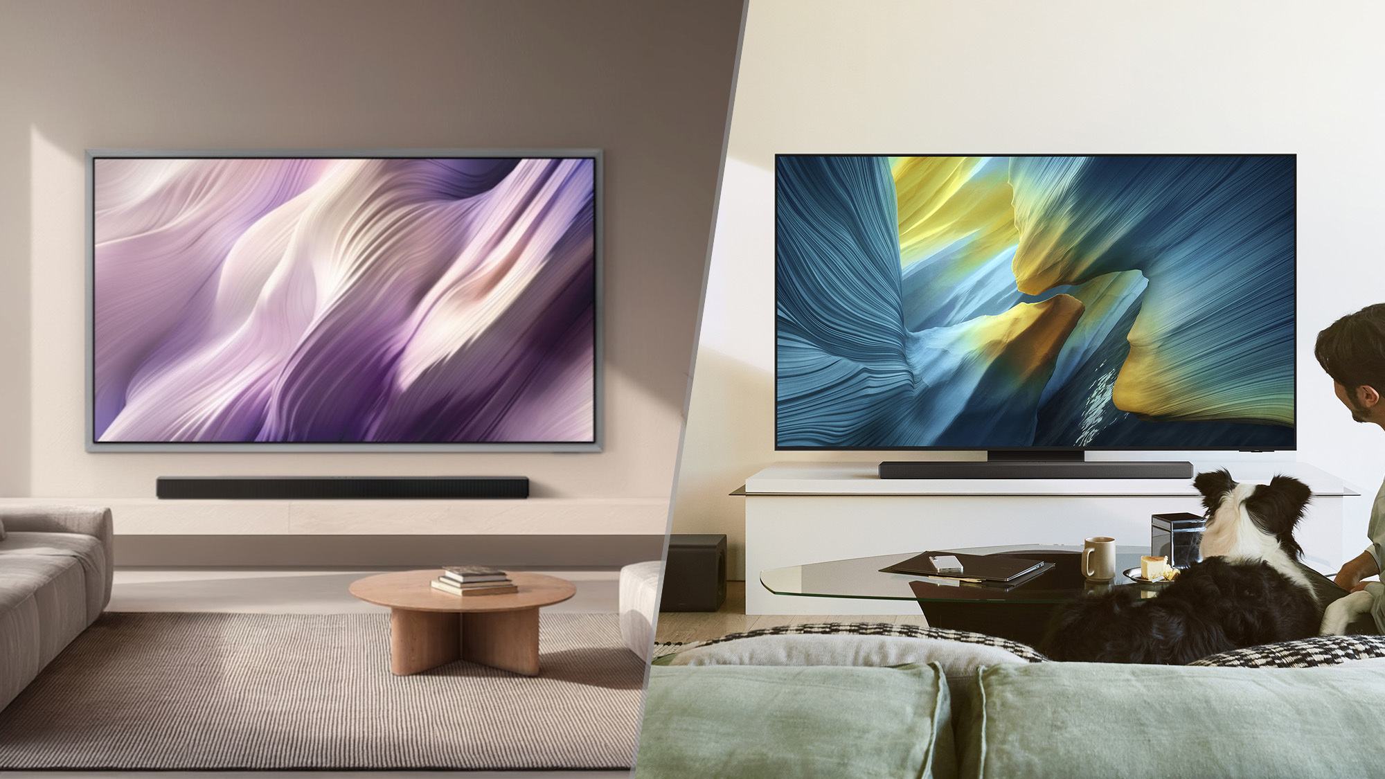 Two side-by-side images split down the middle: on the left is the Samsung S95H OLED in a wall-mounted position displaying a purple-colored, abstract image, on the right is the Samsung S95F OLED displaying an an abstract, blue-and-green-colored image from atop a credenza in a modern living room.