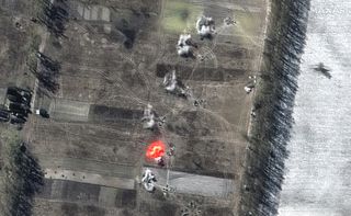 A multispectral satellite images of an artillery battalion actively firing in a southeasterly direction on March 11, 2022 as seen by the WorldView-2 satellite for Maxar Technologies.