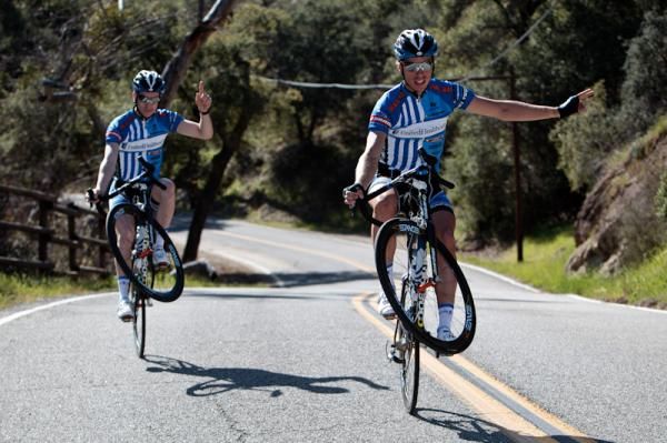 Boy Van Poppel and Jake Keough show off their wheelie skills
