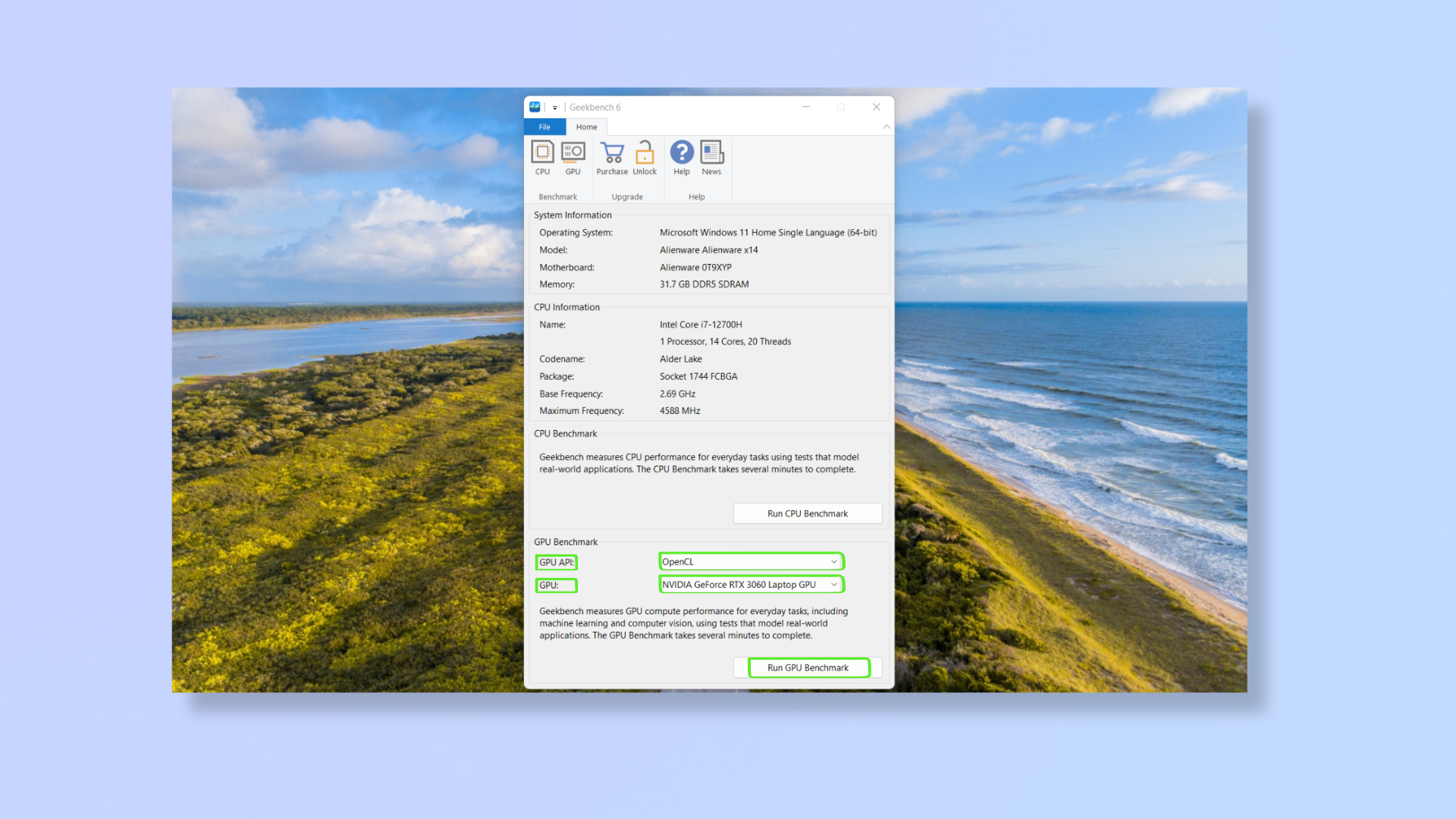 لقطة شاشة لتطبيق Geekbench 6 قيد التشغيل. 