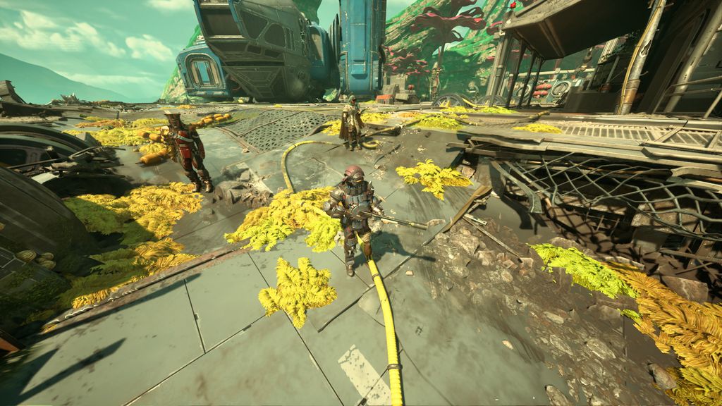 An aerial shot of the player character and two squadmates in The Outer Worlds 2