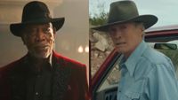 Right: Morgan Freeman in Now You See Me 3. Left: Clint Eastwood in Cry Macho.