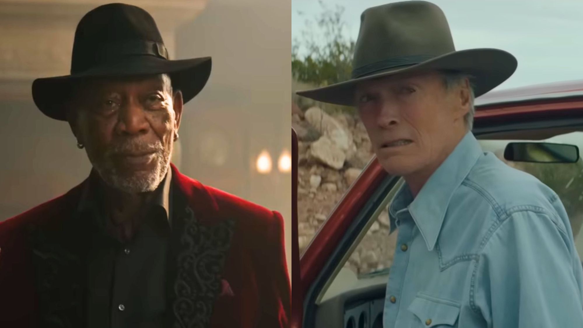 Right: Morgan Freeman in Now You See Me 3. Left: Clint Eastwood in Cry Macho.