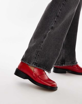 Topshop Cole Premium Leather Square Toe Loafers in Red