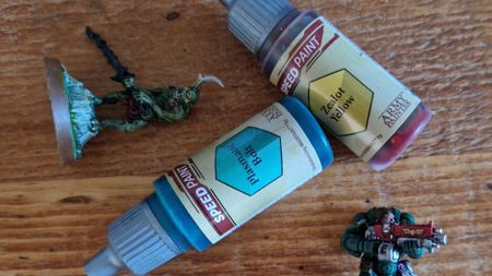 Two Speedpaint bottles beside a Plague Bearer model and Space Marine miniature, all on a wooden surface