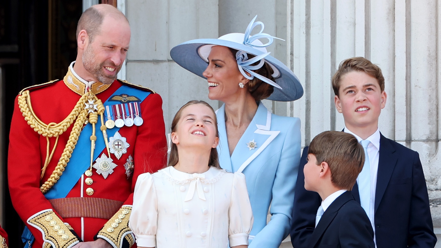 Prince William, Princess Charlotte, Catherine, Princess of Wales, Prince George and Prince Louis watch an RAF flypast from the balcony of Buckingham Palace during Trooping The Colour on June 13, 2026