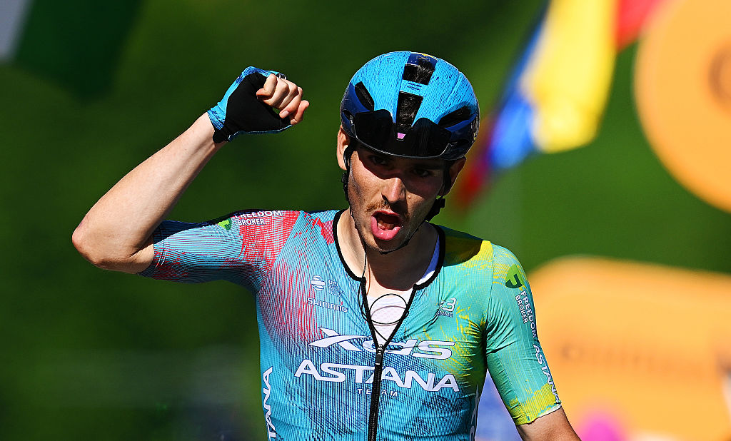 SAN VALENTINO, ITALY - MAY 27: Christian Scaroni of Italy and Team XDS Astana celebrates at finish line as stage winner during the 108th Giro d&#039;Italia 2025, Stage 16 a 203km stage from Piazzola sul Brenta to San Valentino (Brentonico) 1316m / #UCIWT / on May 27, 2025 in San Valentino, Italy. (Photo by Tim de Waele/Getty Images)